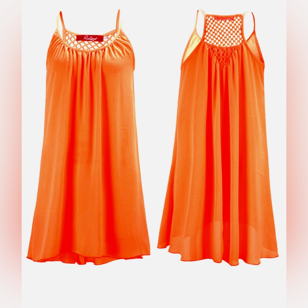 ReachMe Neon Orange Sheer Lined Mesh Back Swing Beach Dress ~ Size Small ~ NWOT - Picture 3 of 10